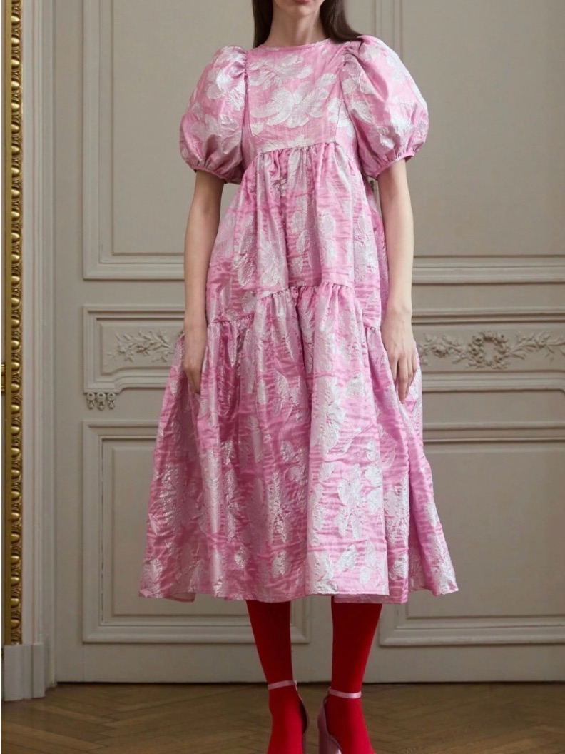 Sister Jane Pink Metallic Floral Jacquard Dress